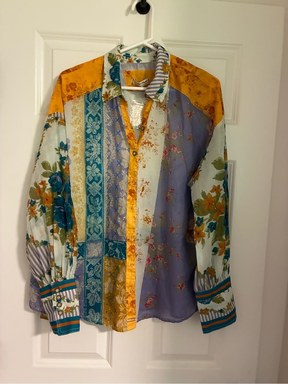 We The Free Flower Patchwork Buttondown Boho Shirt Saddle Combo Small NWT